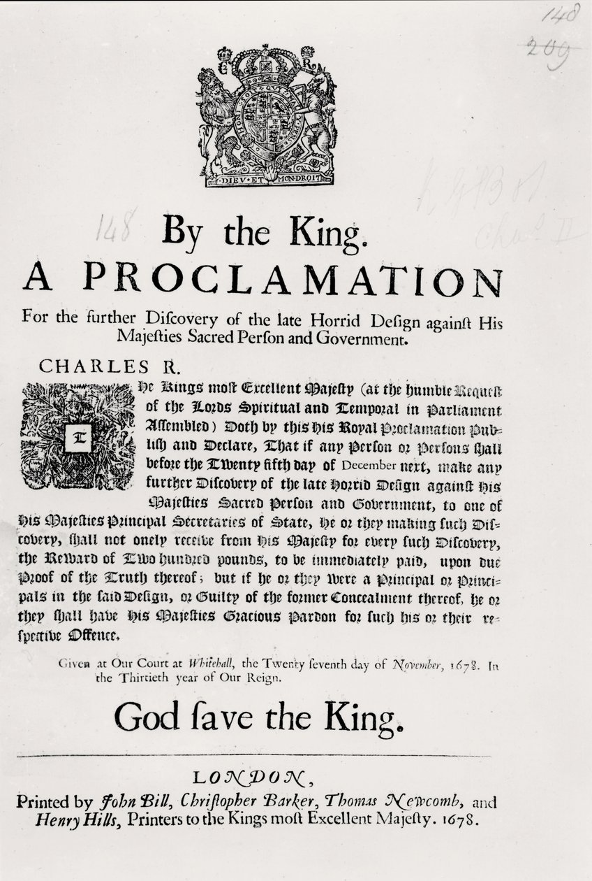 Een proclamatie van de koning, voor de verdere ontdekking van het late gruwelijke ontwerp tegen de heilige persoon en regering van Zijne Majesteit, 27 november 1678 door English School