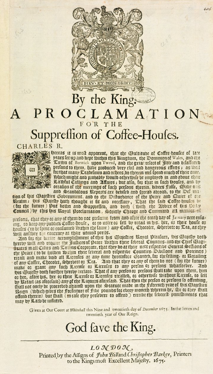 Een Proclamatie door de Koning, voor de Onderdrukking van Koffiehuizen, 1675 door English School