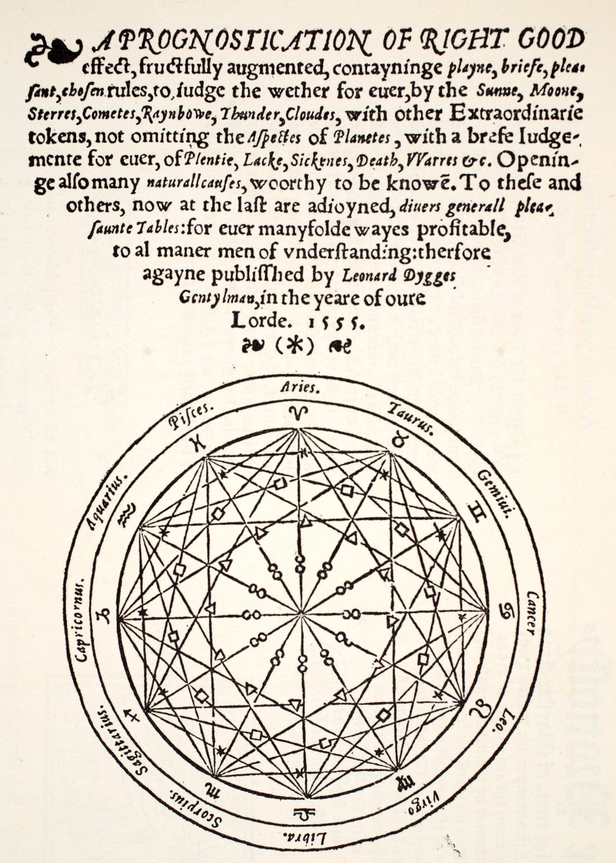 Een zeer goede voorspelling, door Leonard Dygges, gedrukt door Thomas Gemini, Blacke Friars, Londen, 1555 door English School