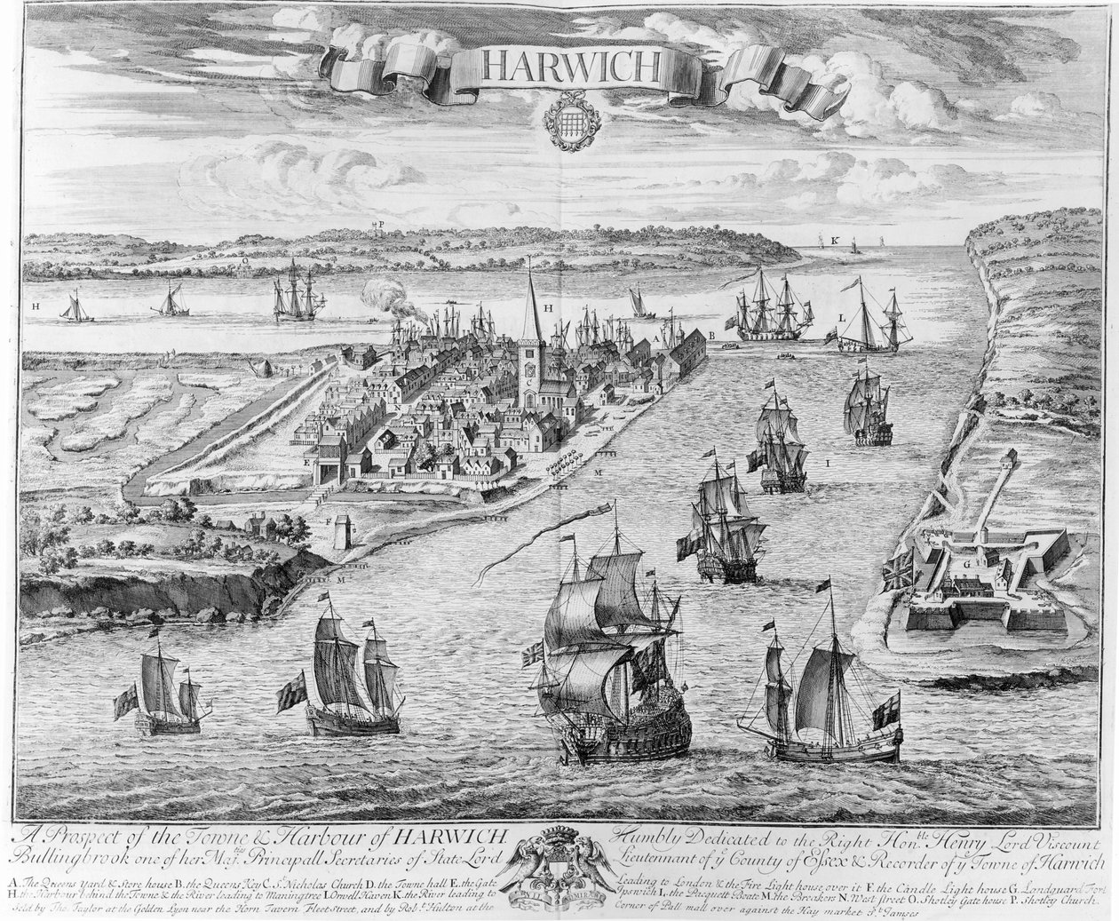 Een uitzicht op de stad en haven van Harwich door English School