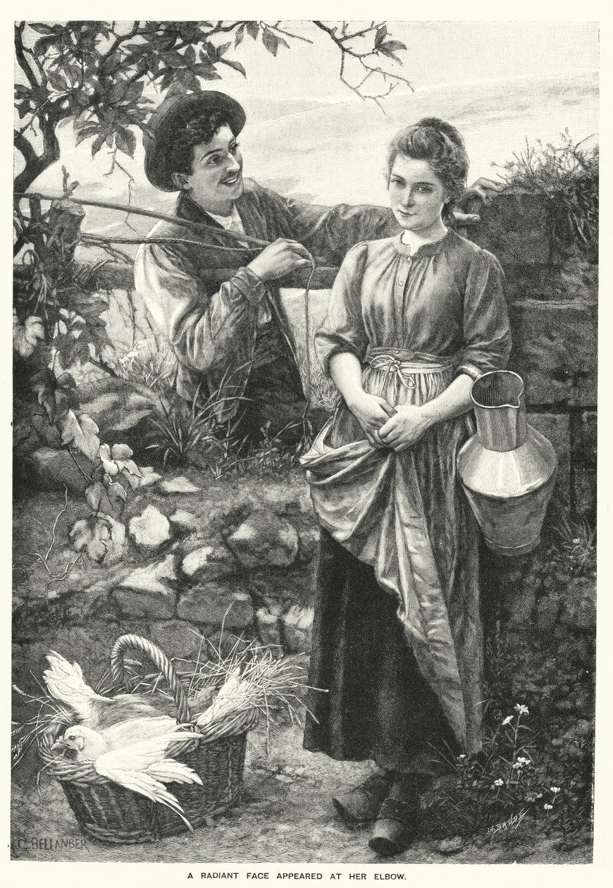 Een stralend gezicht verscheen aan haar elleboog (gravure) door English School