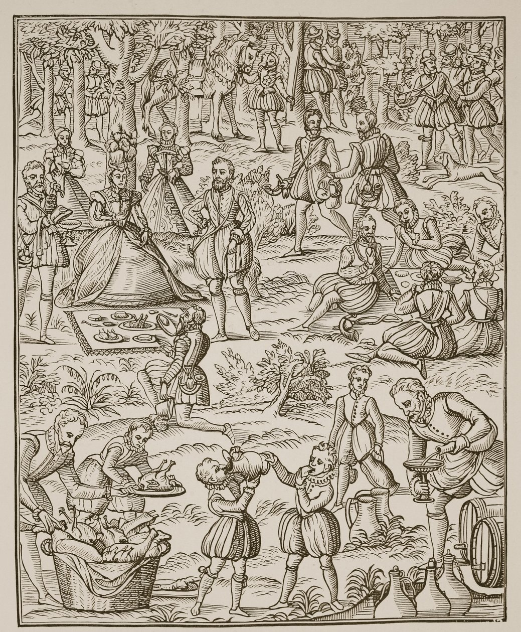 Een koninklijke picknick, plaat uit Noble Art of Venerie and Hunting door George Turberville, 1575 door English School