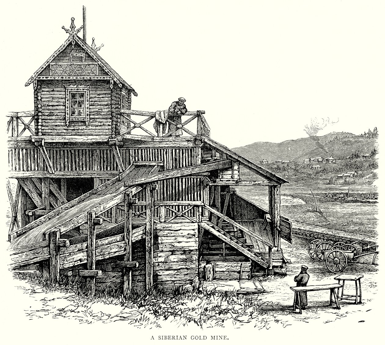 Een Siberische goudmijn (gravure) door English School