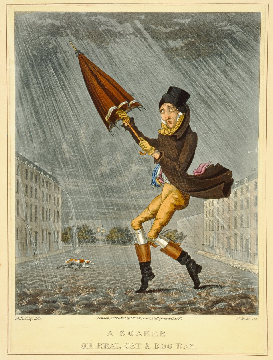 Een dronkaard of echte katten- en hondenweer, gegraveerd door G. Hunt, uitgegeven door Thomas McLean, Londen, 1827 door English School