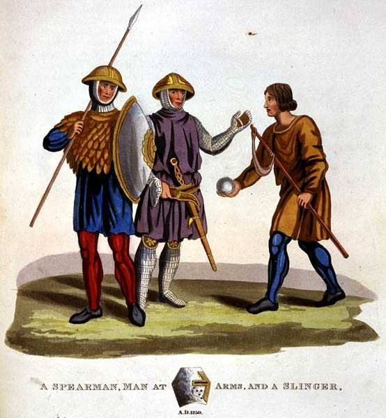 Een speerdrager, man in wapenrusting en een slingeraar door English School