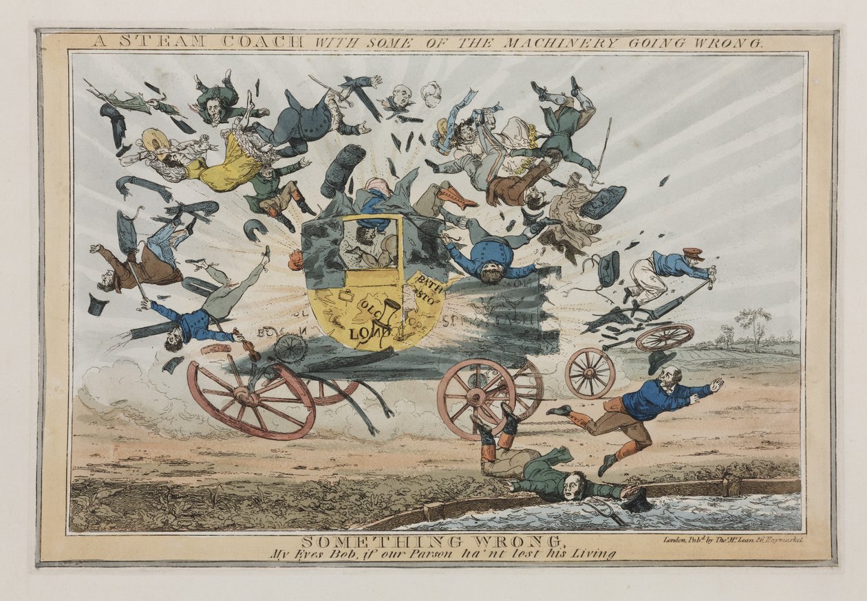Een Stoomkoets met Enkele Defecte Machines, ca. 1825 door English School