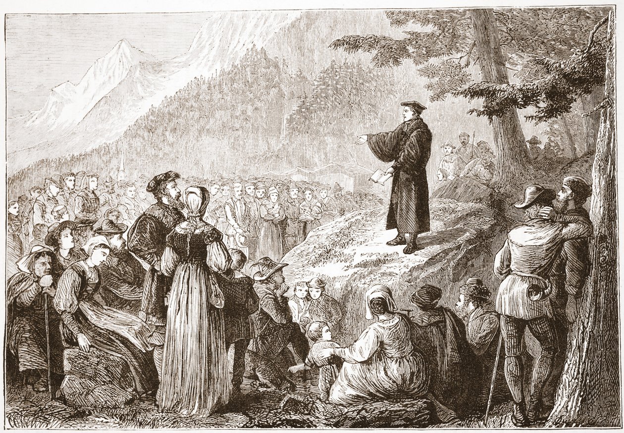Een Zwitserse hervormer preekt voor zijn kudde in het open veld, illustratie uit De Geschiedenis van het Protestantisme door James Aitken Wylie, 1878 door English School