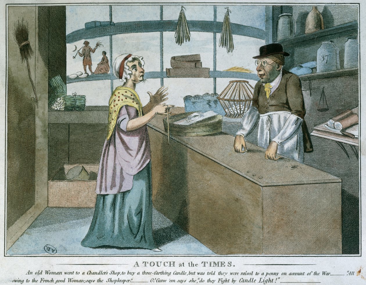 Een blik op de tijden, karikatuur van de Franse blokkade, maart 1805 door English School
