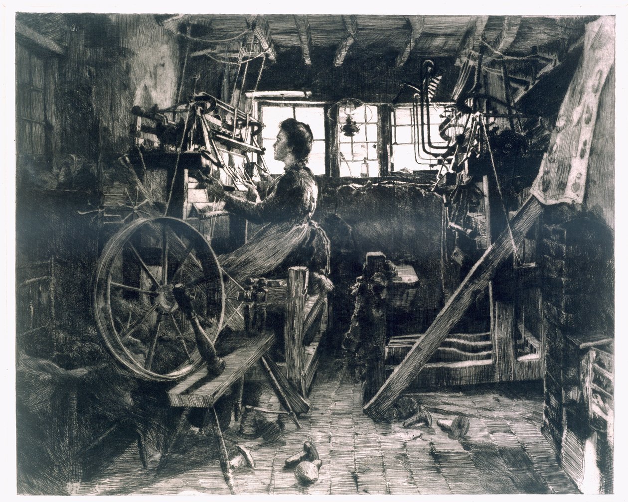 Een typische weverszolder van de vroege industriële revolutie door English School