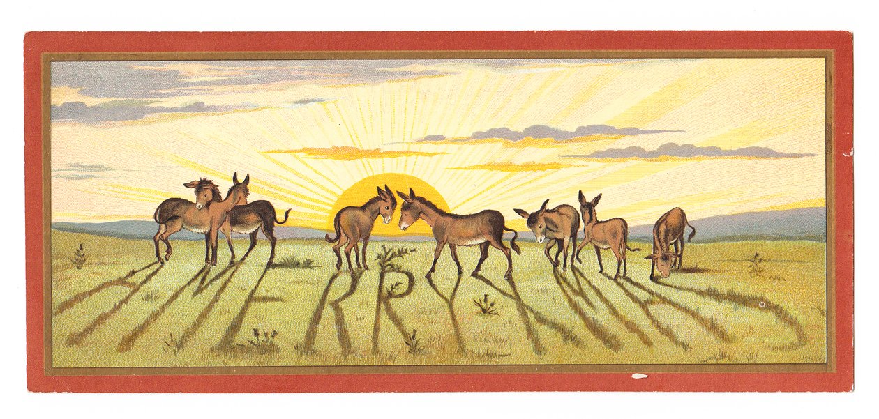 Een Victoriaanse kerstkaart van een zonsondergang die schaduwen werpt van een rij ezels met de tekst 