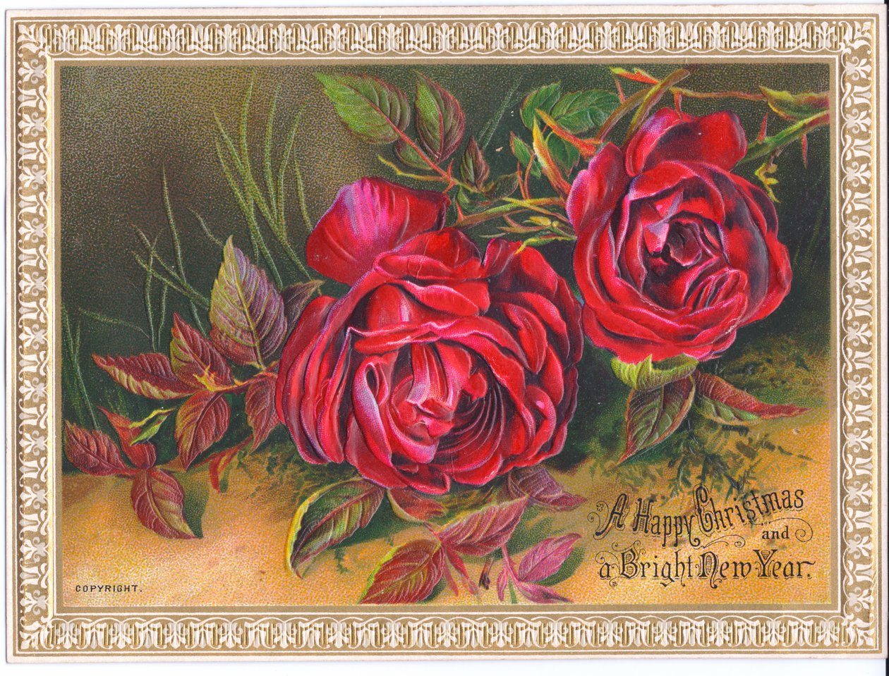 Een Victoriaanse kerst- en nieuwjaarskaart met twee grote rode rozen, ca. 1880 door English School