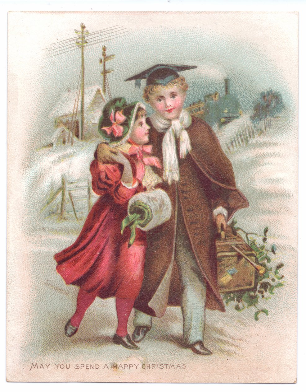 Een Victoriaanse kerstkaart van een jongen met een baret met zijn arm om een meisje terwijl ze door de sneeuw lopen, ca. 1880 door English School