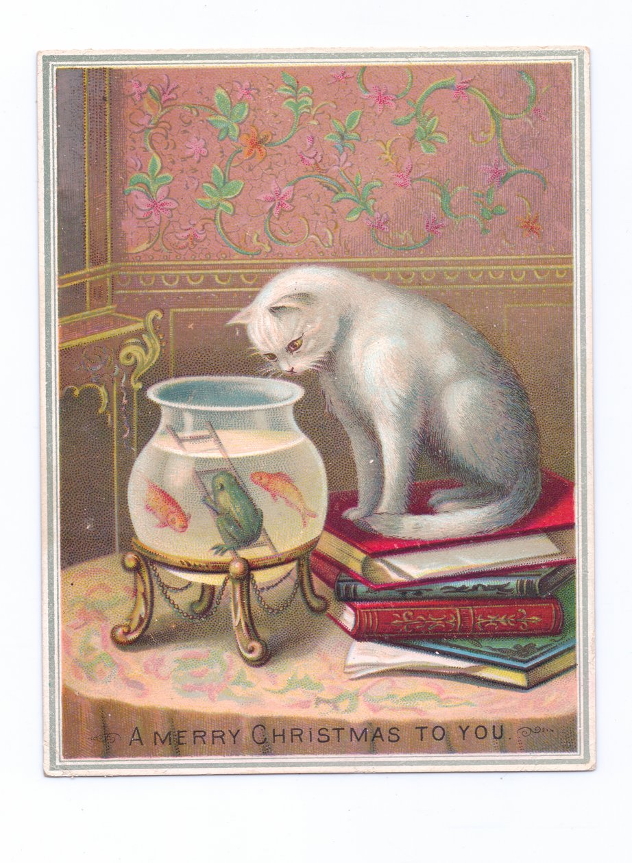 Een Victoriaanse kerstkaart van een kat zittend op een stapel boeken en kijkend in een goudvissenkom, ca 1880 (kleurenlitho) door English School