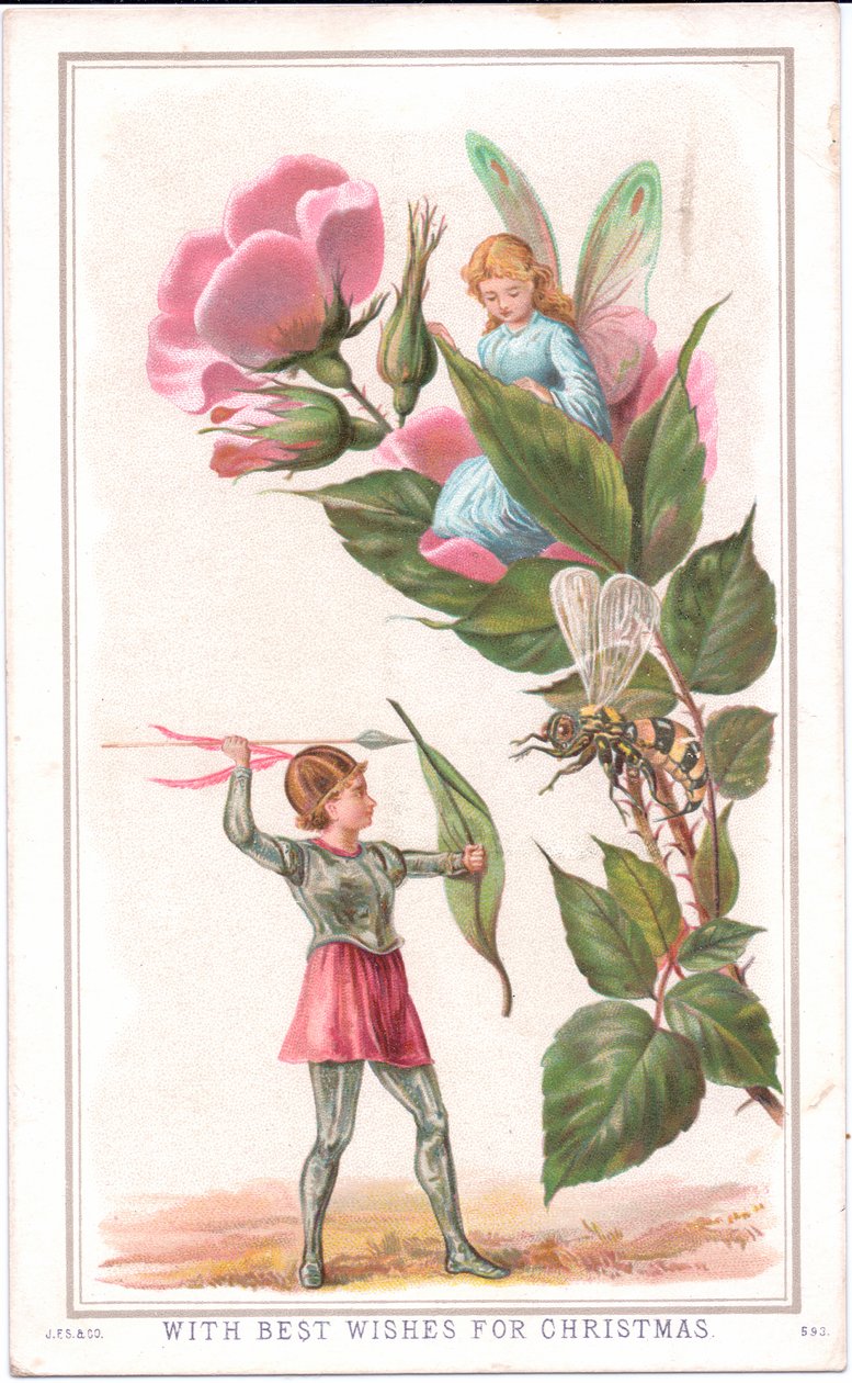 Een Victoriaanse kerstkaart van een fee die op een roos zit en een andere fee die een speer naar een wesp gooit, ca. 1880 door English School