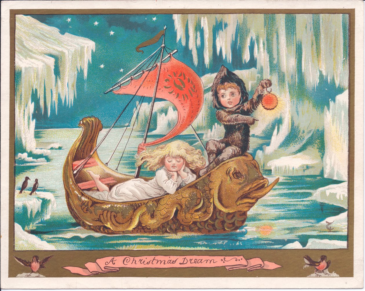 Een Victoriaanse kerstkaart van een meisje fee die slaapt in een sierlijke dolfijnenboot op een bevroren zee terwijl een jongen fee een lamp vasthoudt, ca. 1880 door English School
