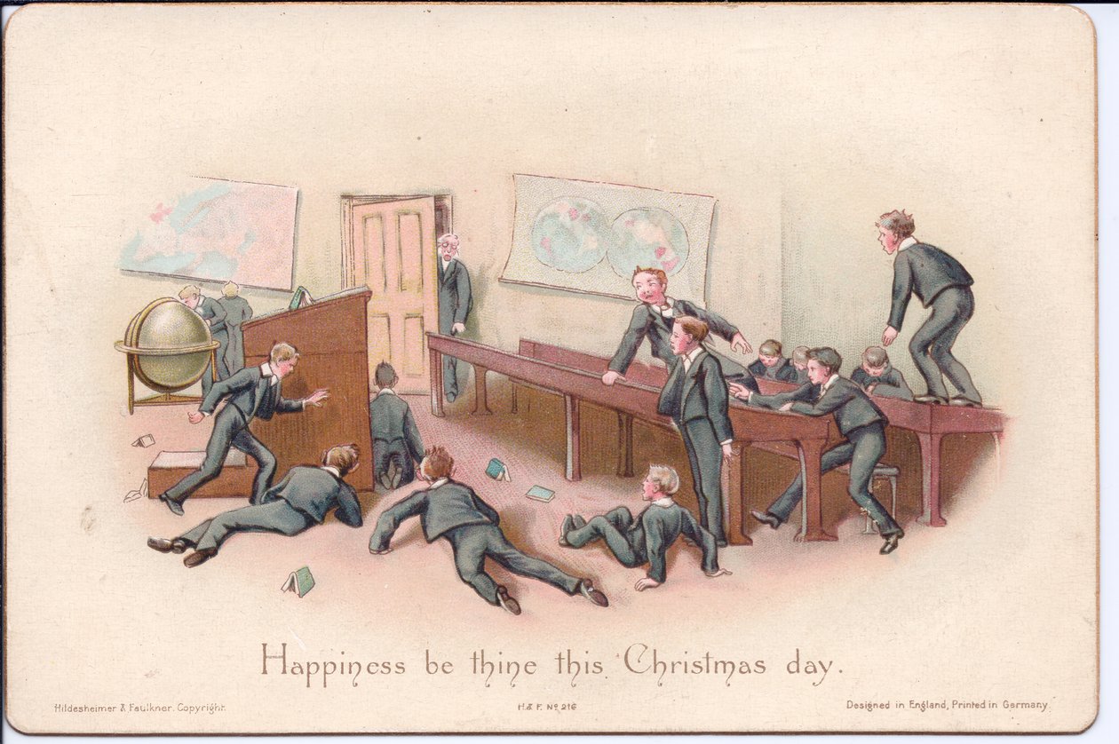 Victoriaanse kerstkaart van een schoolhoofd die naar onrustige jongens in een klaslokaal kijkt, ca. 1880 (kleur litho) door English School