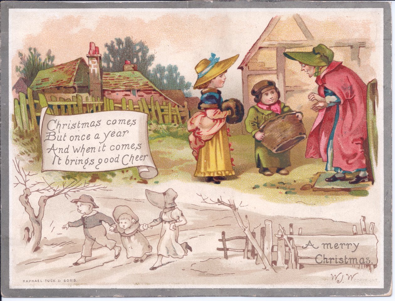 Een Victoriaanse kerstkaart van een oudere vrouw met twee kinderen op een boerderij, ca. 1880 door English School