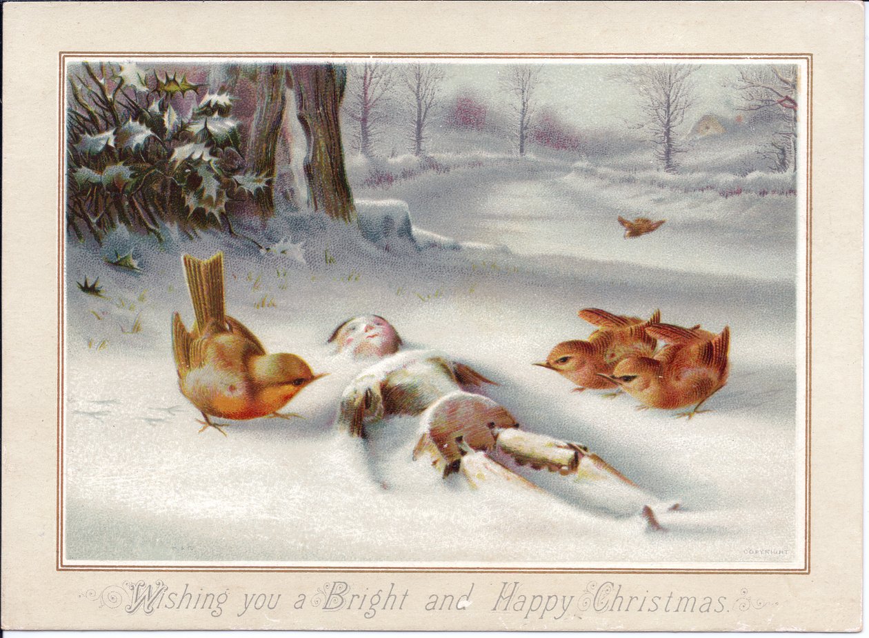 Een Victoriaanse kerstkaart van Robbins die naar een houten pop in de sneeuw kijkt, ca. 1880 (kleurenlitho) door English School