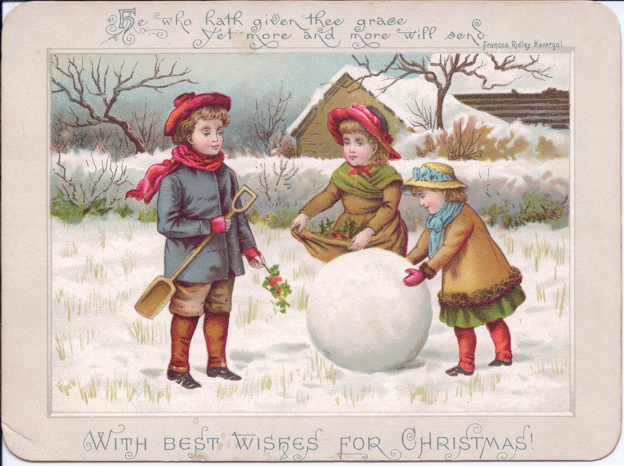 Een Victoriaanse kerstkaart van drie kinderen spelend met een grote sneeuwbal, ca 1880 (kleurenlitho) door English School