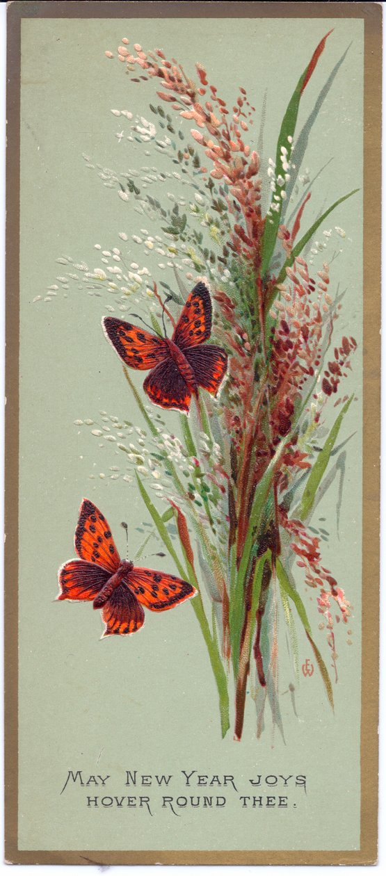 Een Victoriaanse nieuwjaarskaart van twee vlinders tussen hoge grassen, ca. 1880 door English School