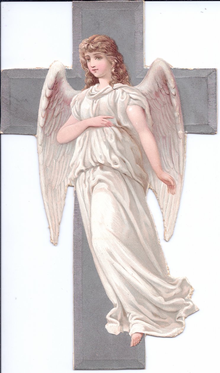 Een Victoriaans papiersnipperreliëf van een engel voor een kruis, ca. 1880 (kleurenlitho) door English School