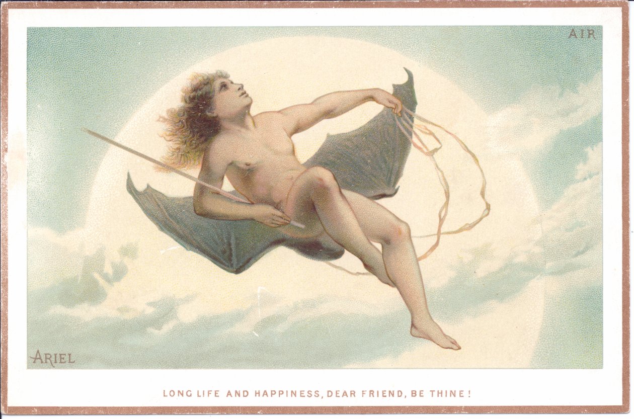 Een Victoriaanse kaart van een naakte man die een stok vasthoudt en op een paar enorme vleermuisvleugels door de wolken vliegt, ca. 1880 door English School
