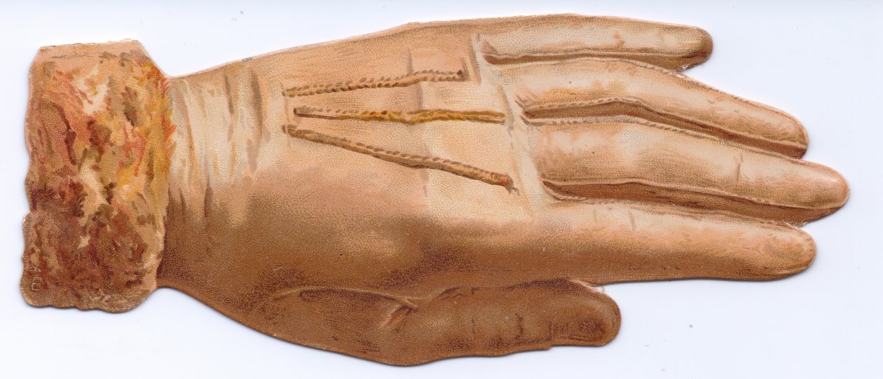 Een Victoriaanse gestanste vormkaart van een handschoen met bontrand, ca. 1880 (kleurenlitho) door English School