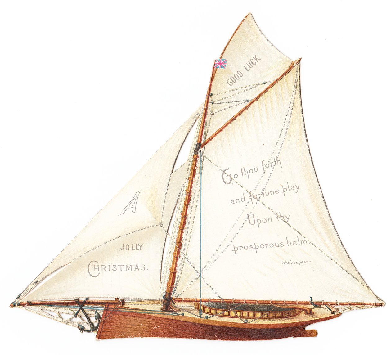 Een Victoriaanse gestanste driedimensionale kerstkaart van een zeilboot, ca. 1880 (kleurenlitho) door English School