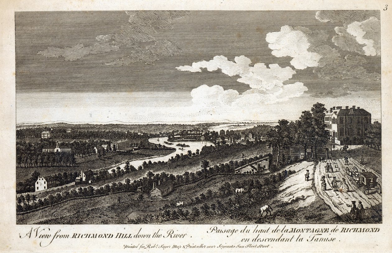 Een uitzicht vanaf Richmond Hill langs de rivier, gedrukt voor Robert Sayer Map en Printseller, Fleet Street door English School