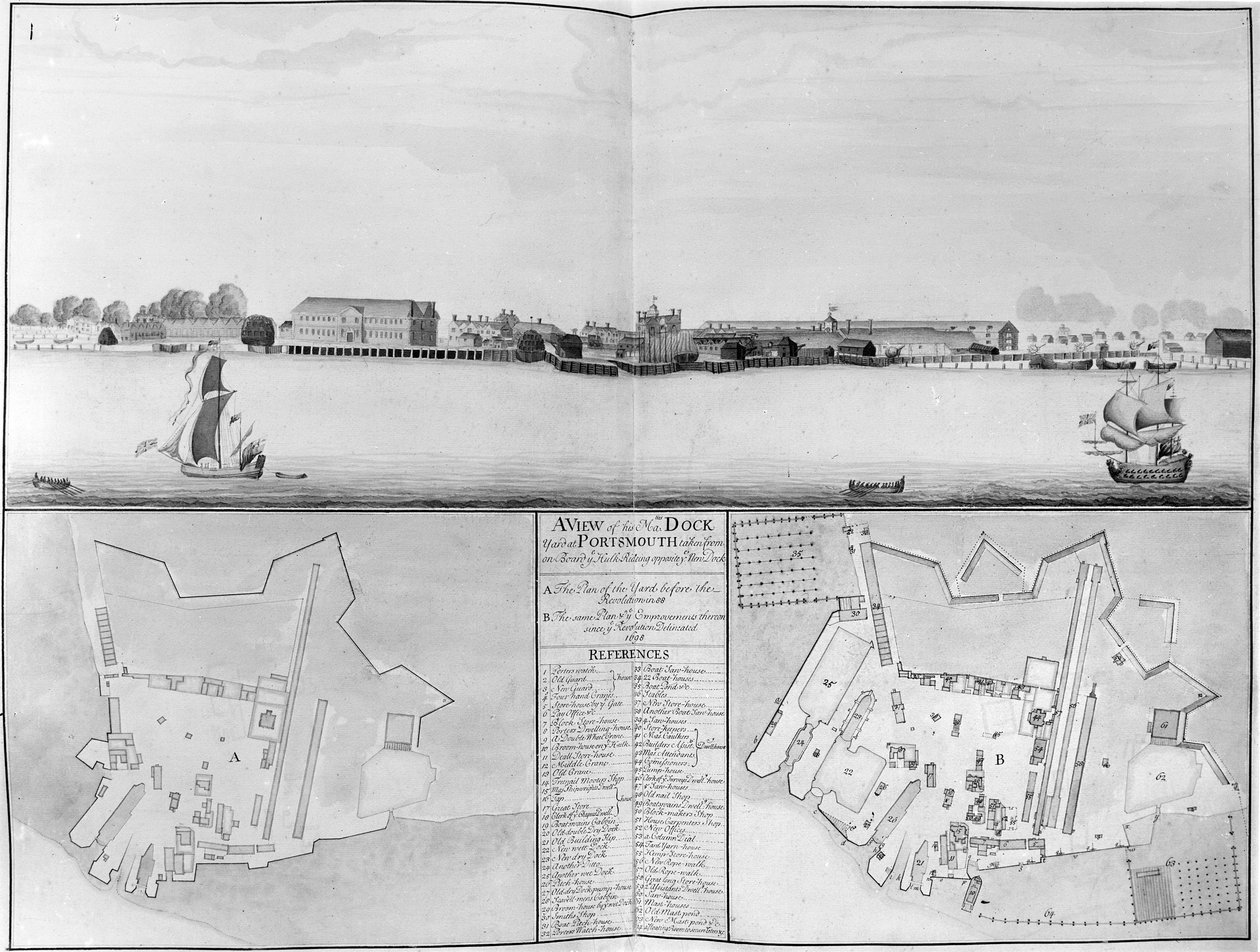 Gezicht op de scheepswerf van Zijne Majesteit in Portsmouth genomen vanaf de overkant van de Nieuwe Dok, 1698 door English School