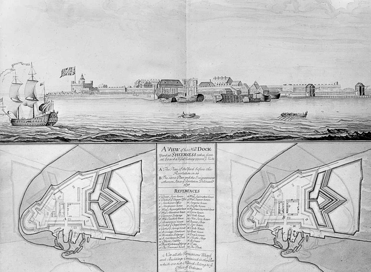 Gezicht op de scheepswerf van Zijne Majesteit in Sheerness, 1698 door English School