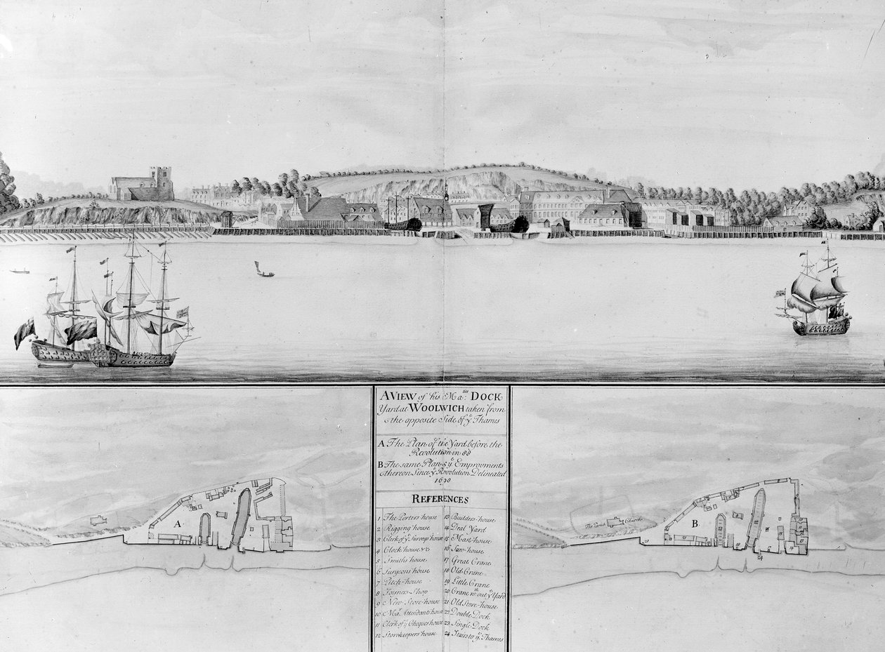 Een uitzicht op de scheepswerf van Zijne Majesteit in Woolwich vanaf de overkant van de Theems door English School