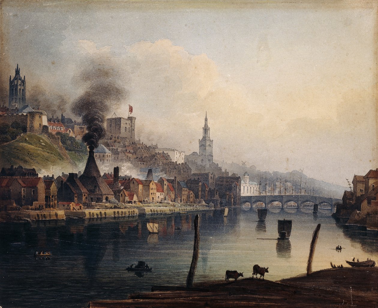 Een uitzicht op Newcastle vanaf de rivier de Tyne, ca. 1810 door English School
