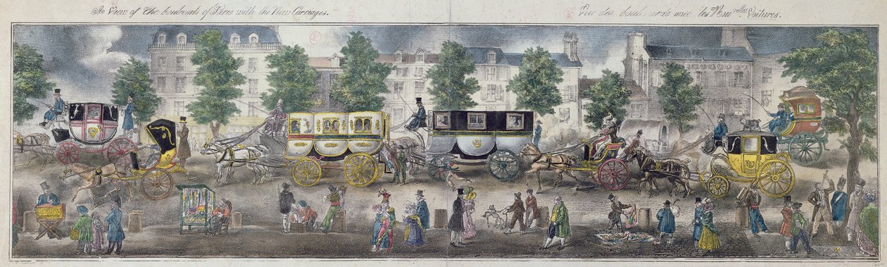 Een uitzicht op de boulevards van Parijs met de nieuwe rijtuigen, 1828 door English School