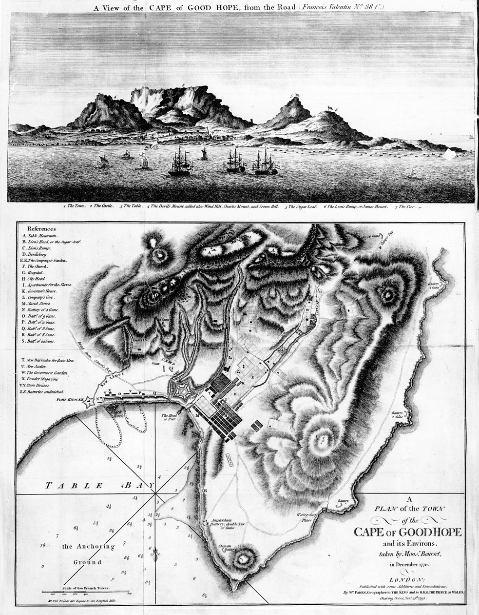 Een uitzicht op de Kaap de Goede Hoop en een plan van de stad Kaap de Goede Hoop en zijn omgeving, gepubliceerd 1795 door English School