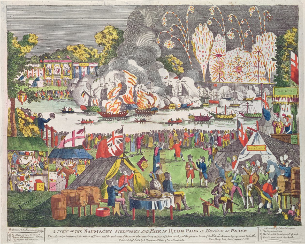Een Uitzicht op de Naumachie, Vuurwerk en Kermis in Hyde Park ter Ere van de Vrede, gepubliceerd door G. Thompson, 1814 door English School