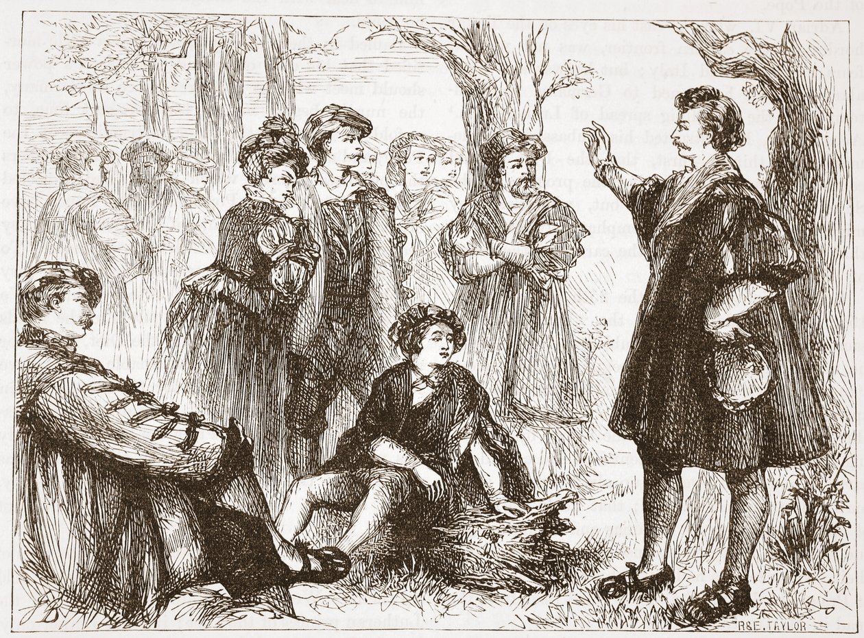 Een student uit Wittenberg preekt in de Lindeweide, illustratie uit De Geschiedenis van het Protestantisme door James Aitken Wylie, 1878 door English School