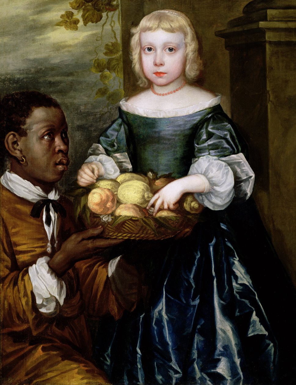 Een jong meisje krijgt een mand met fruit aangeboden door een dienaar, ca. 1650 door English School