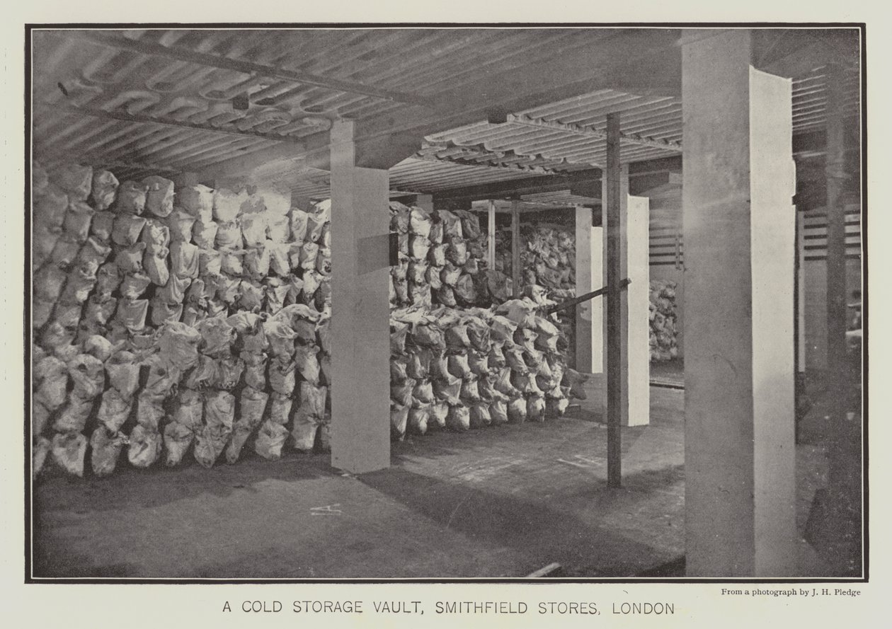 Een gekoelde opslagkluis, Smithfield Stores, Londen (z/w foto) door English School