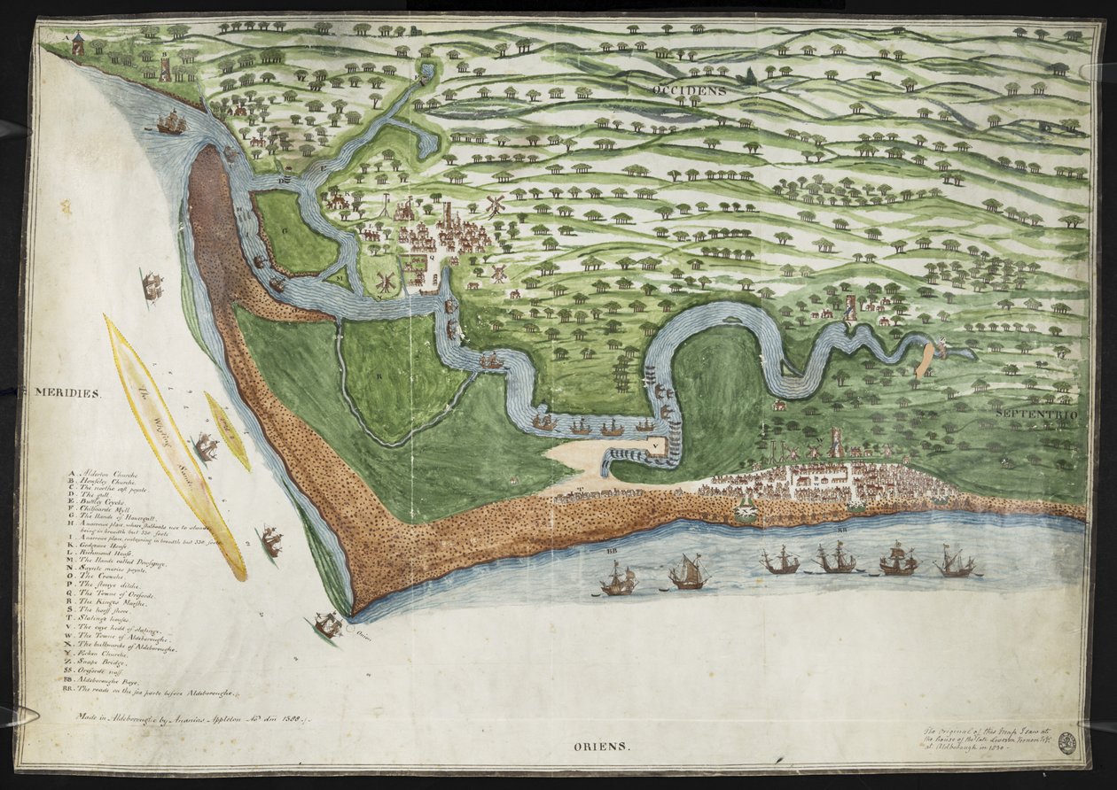 Een gekleurde facsimile kopie van een vogelvlucht of kaart van de kust van Suffolk van Alderton tot Aldborough, inclusief Orford Ness (perkament) door English School