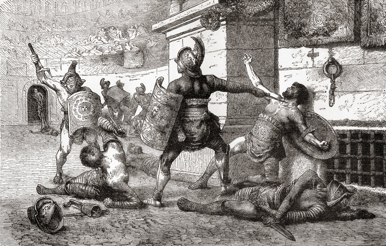 Een gevecht tussen gladiatoren in het oude Rome, uit Ward en Lock