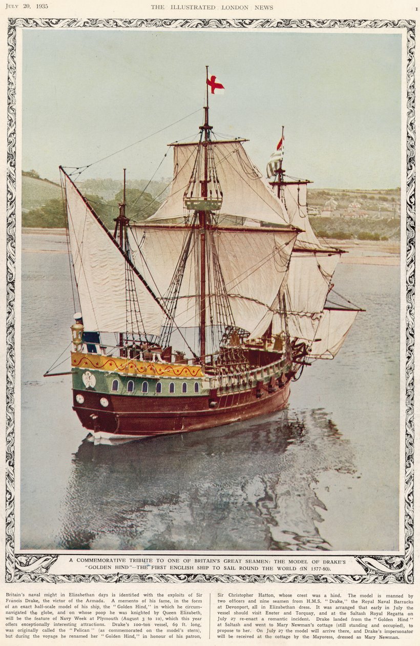 Een herdenkingshulde aan een van de grote zeelieden van Groot-Brittannië: het model van Drakes Golden Hind, het eerste Engelse schip dat de wereld rondzeilde in 1577-80, uit The Illustrated London News Royal Naval and Military Review Number door English School