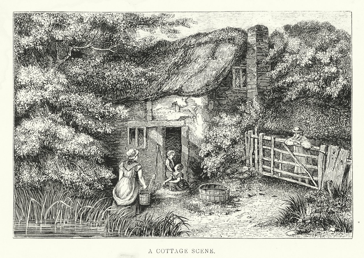 Een huiselijk tafereel (gravure) door English School