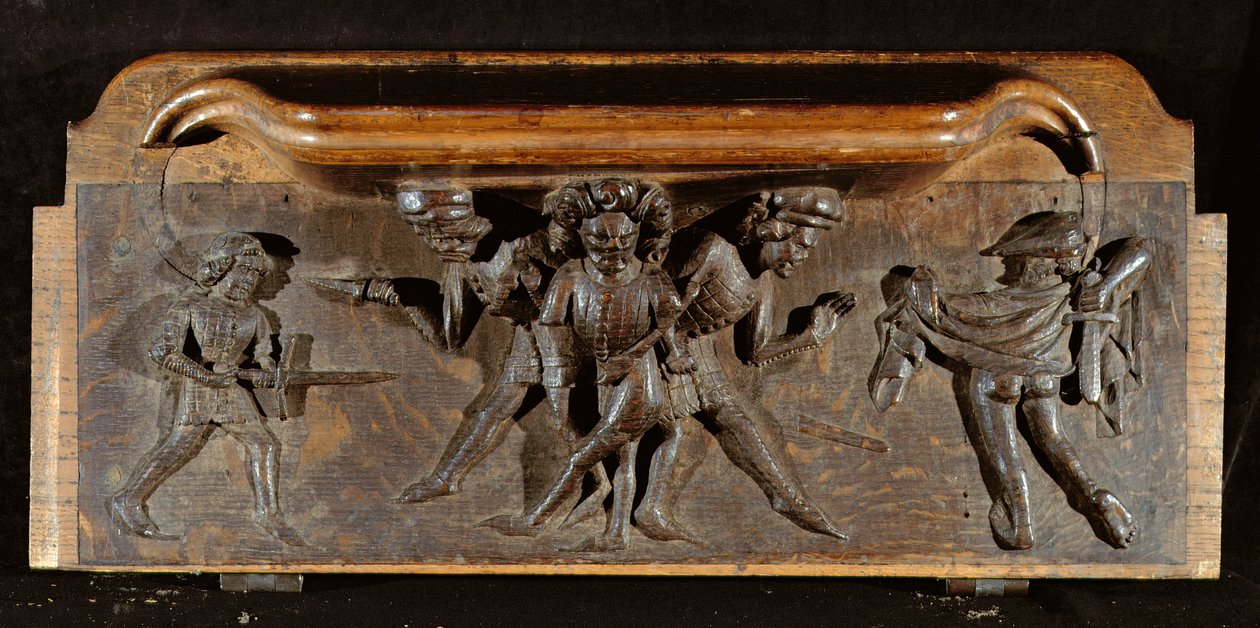 Een beschadigde misericord die drie mannen toont die vechten met dolken en zwaarden, New College Chapel, Oxford, laat 14e eeuw (hout) door English School