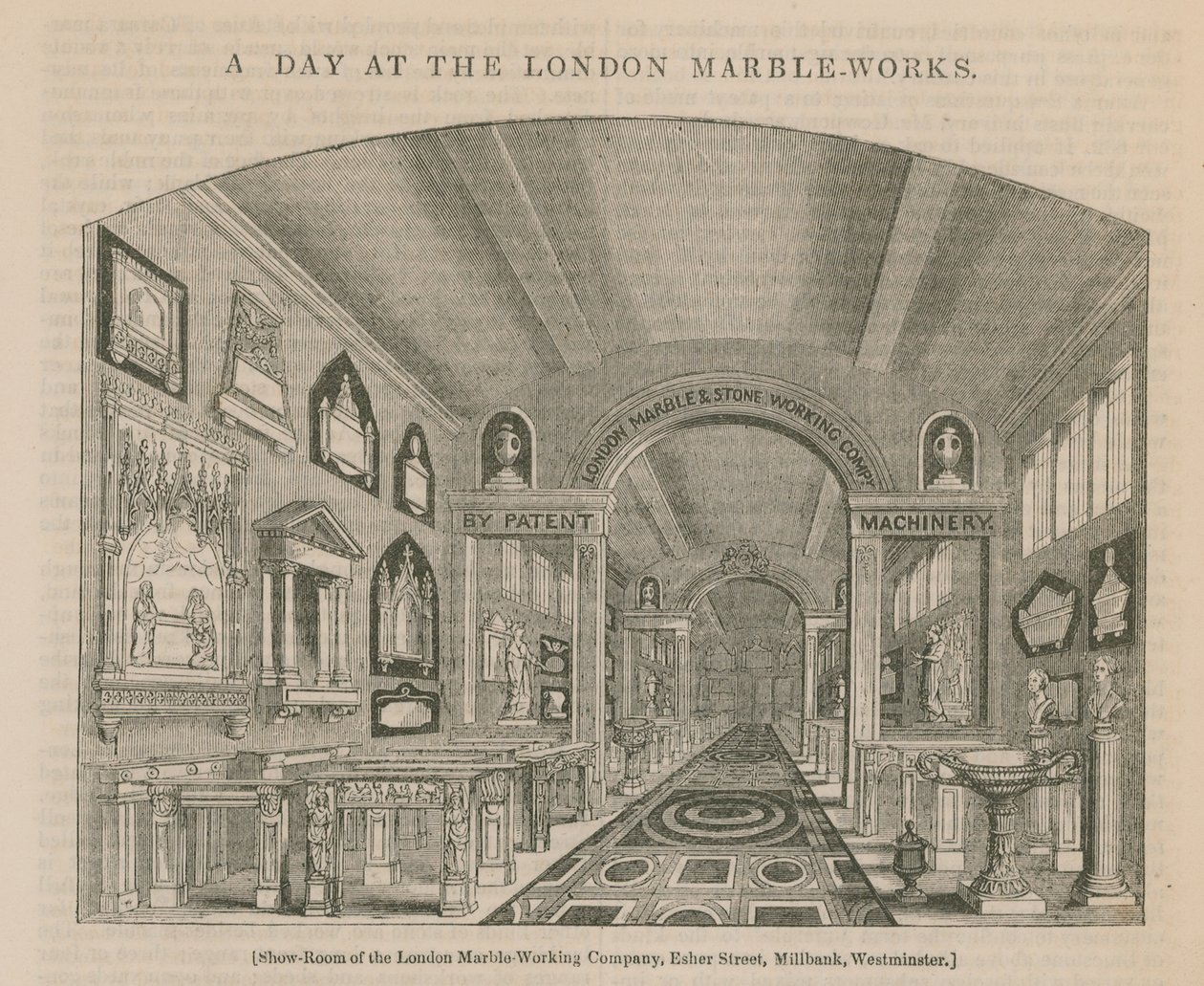 Een dag in de Londense marmerfabriek (gravure) door English School