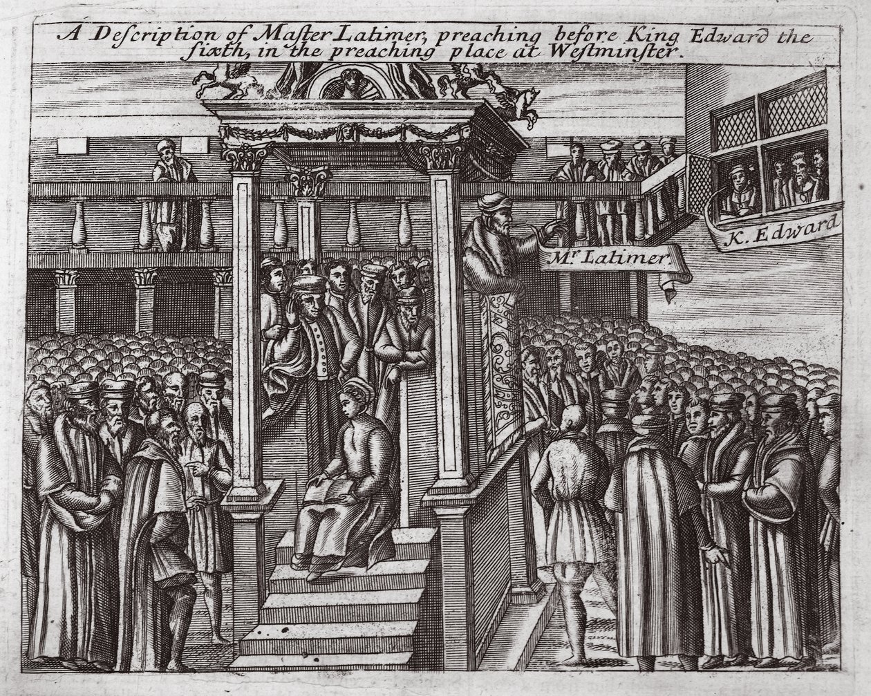 Een beschrijving van meester Latimer, predikend voor koning Edward de Zesde in de preekplaats in Westminster, illustratie uit Handelingen en Monumenten van John Foxe, negende editie, uitgegeven 1684 door English School