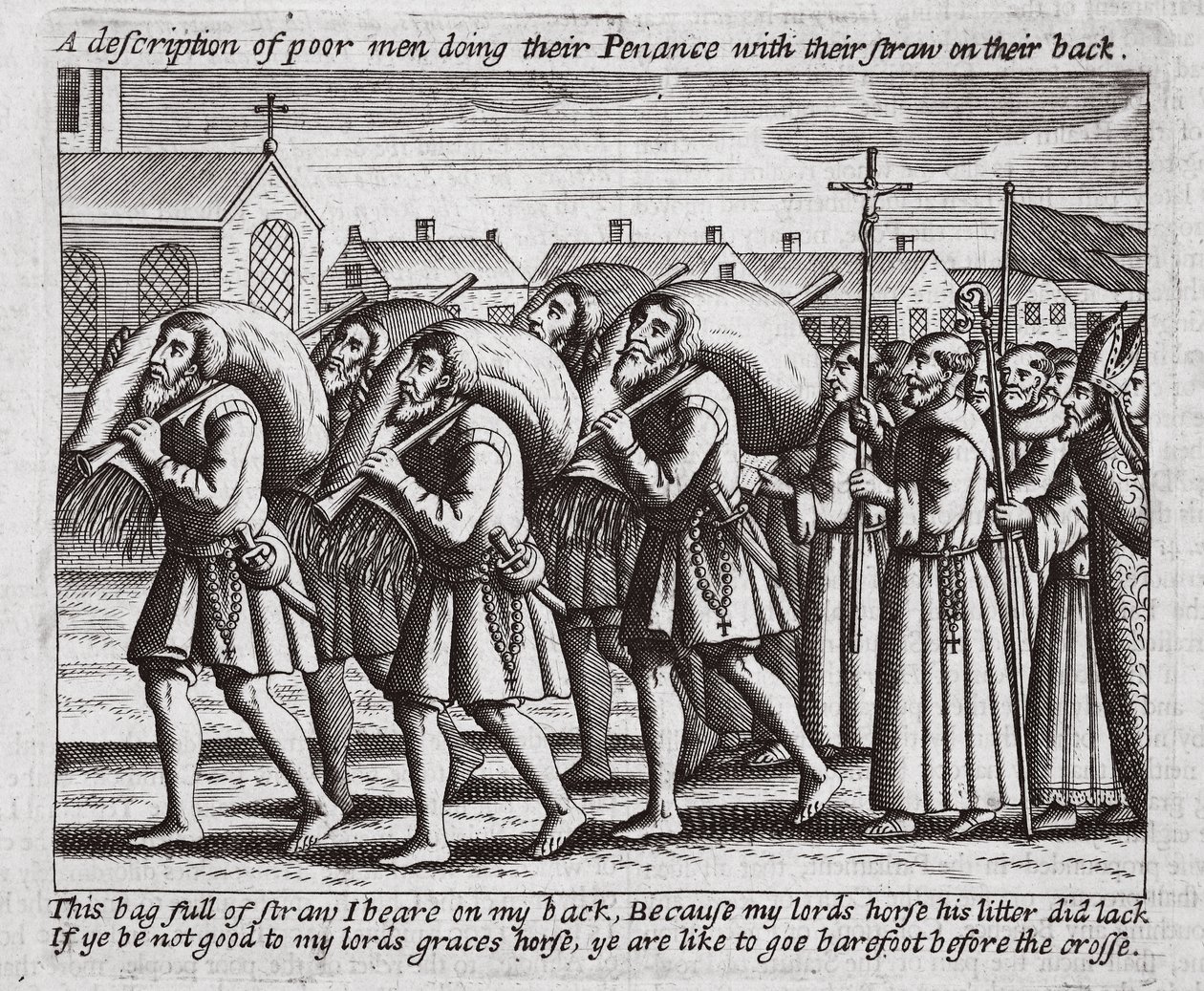 Een beschrijving van arme mannen die hun boetedoening doen met stro op hun rug, illustratie uit Handelingen en Monumenten van John Foxe, negende editie, uitgegeven 1684 door English School