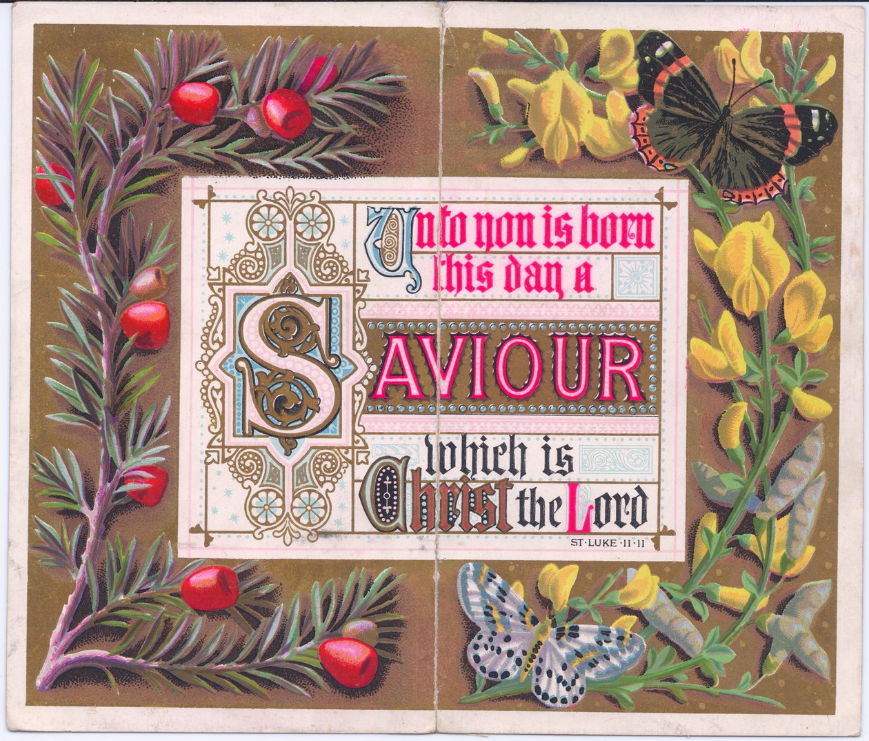 Een Victoriaanse kerstkaart met een religieuze tekst door English School