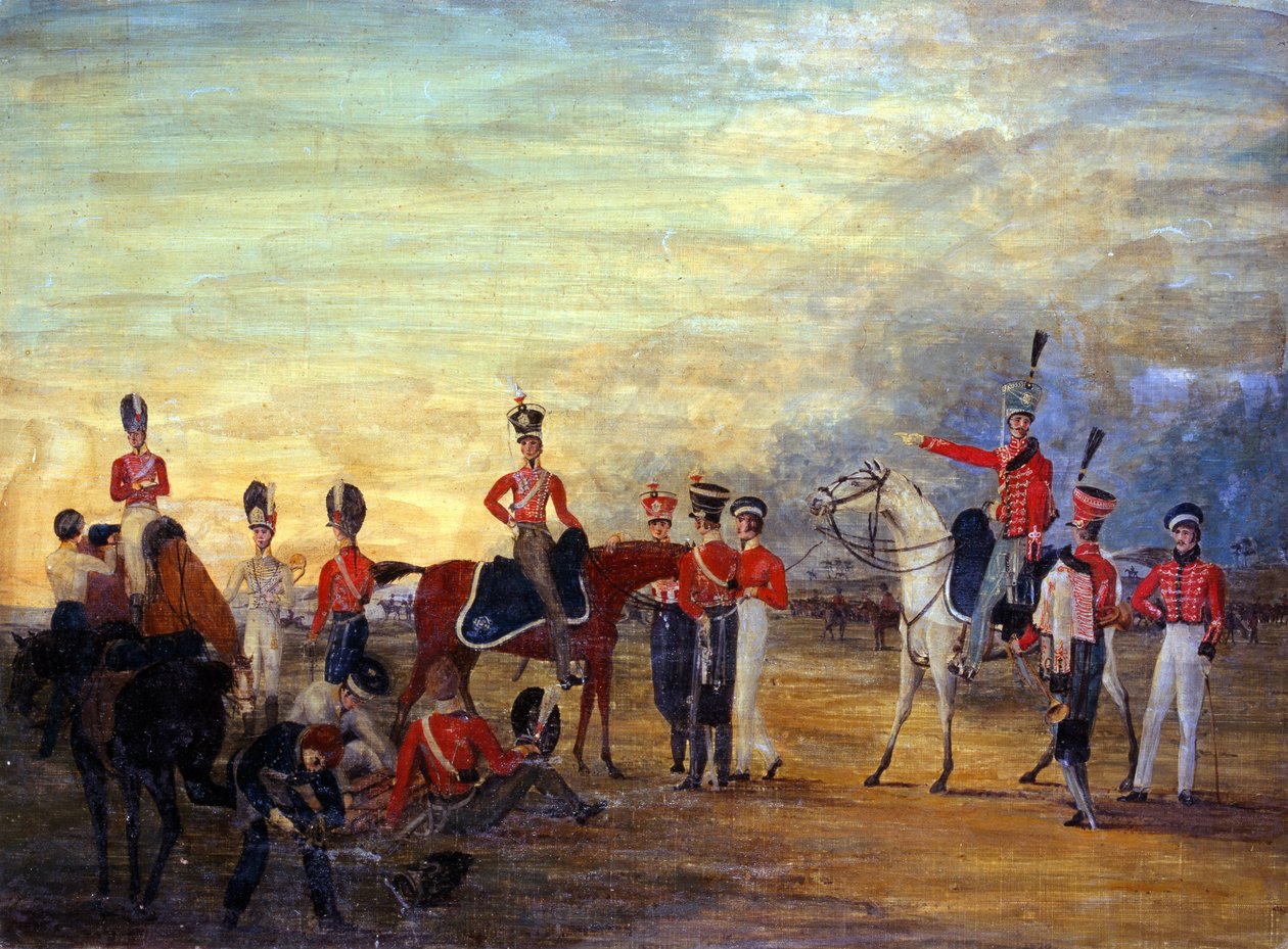 Een groep bereden en niet-bereden officieren en mannen van de Yorkshire Yeomanry in verschillende uniformen, ca.1820 door English School