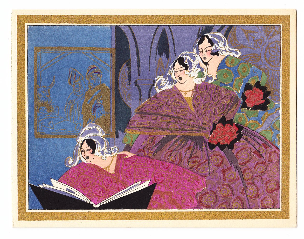 Een met de hand gekleurde Franse Pochoir kerstkaart die drie dames uitbeeldt die uit een liedboek zingen, circa 1920 door English School